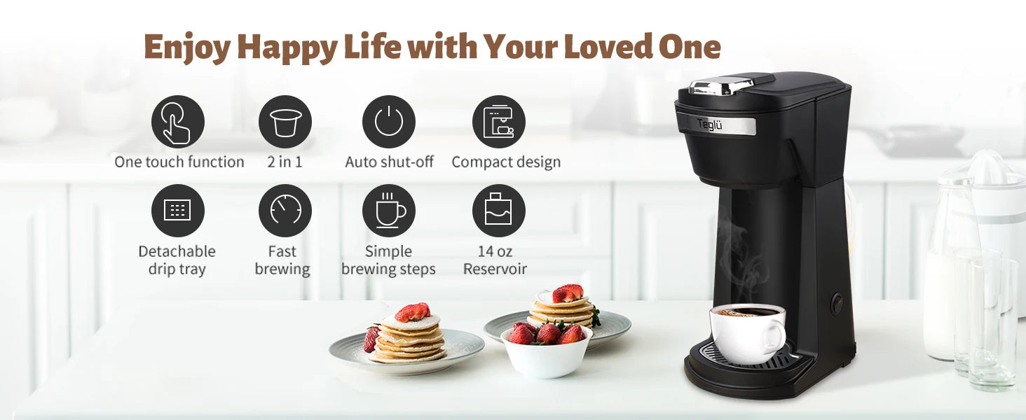 14 Oz Coffee Maker, Mini Single Serve for K Cup Pod & Ground Coffee, 800W, 1.9 lb, BPA Free, Fast Brewing, Reusable Filter,